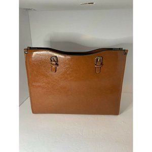 Womens tan leather laptop briefcase large adjustable strap lots of pockets,